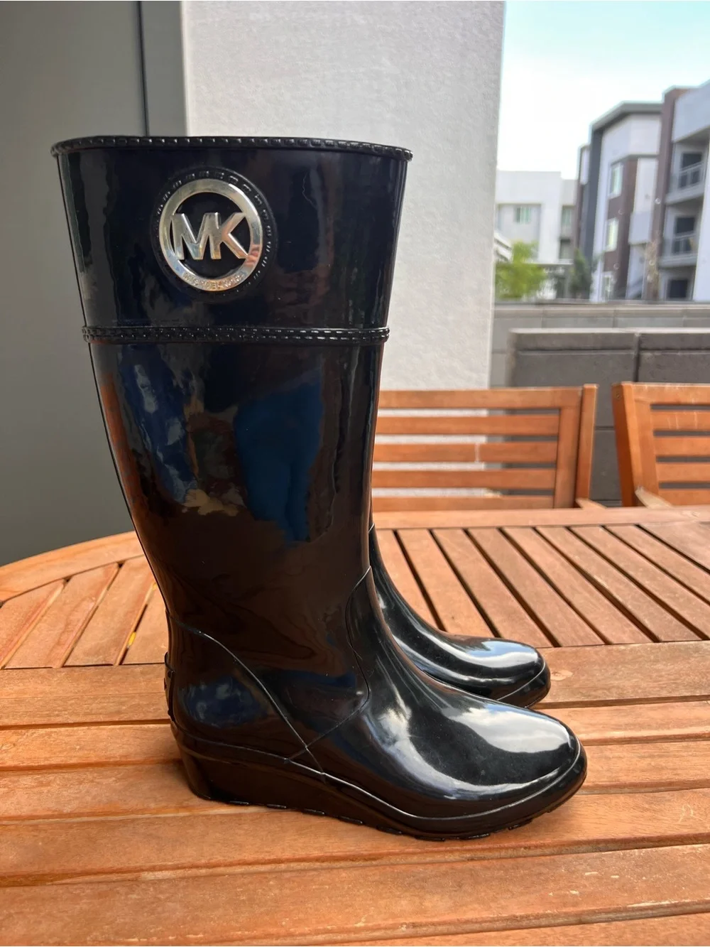 Michael Kors Black Patent Rain Boots with MK Logo